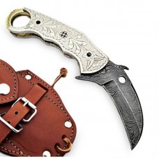 Damascus handmade folding knife beautiful structure with free leather sheath